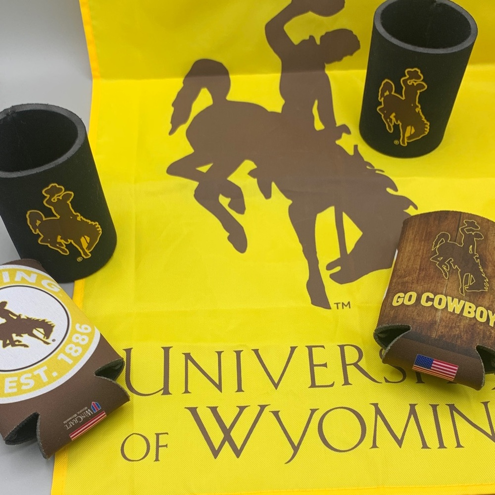 University of Wyoming Small Flag Beverage Koozies Coozies Bucking Horse Pokes